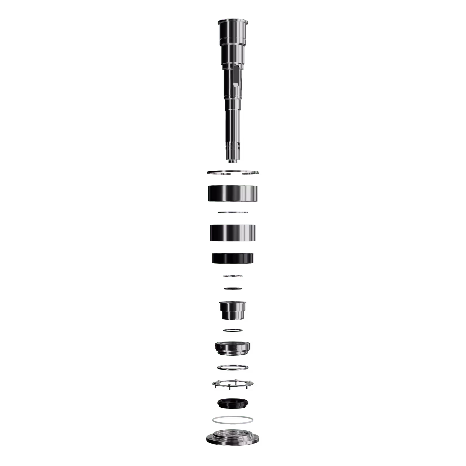 A stainless steel cargo pump in an exploded view.