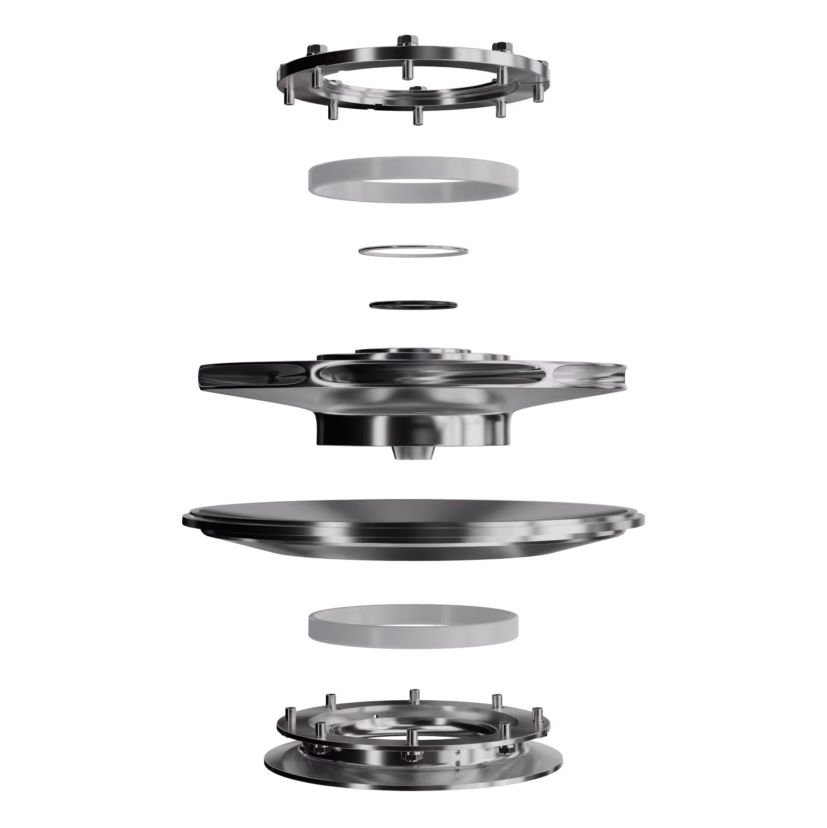 A close up of a stainless steel cargo pump in an exploded view.