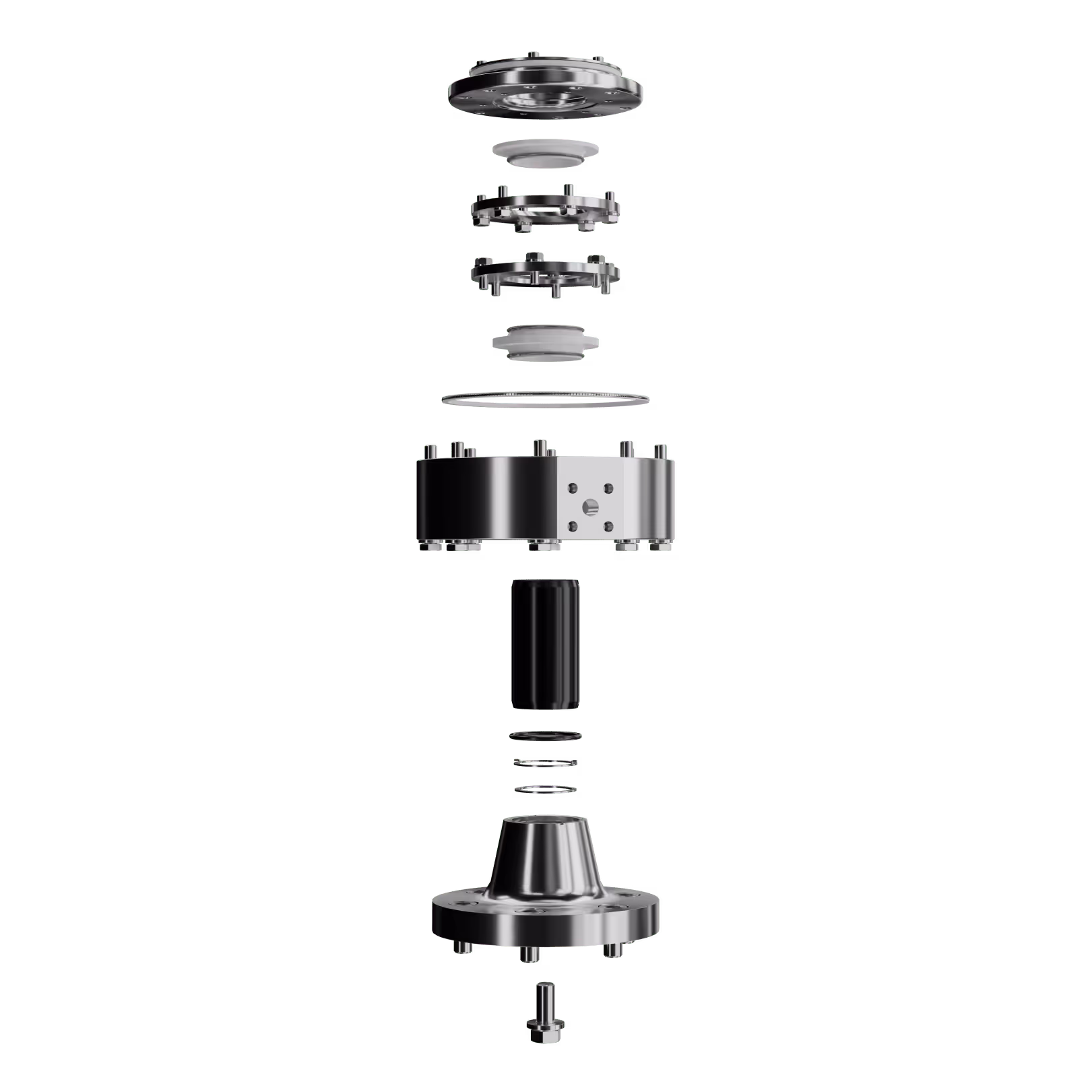 A stainless steel cargo pump in an exploded view.