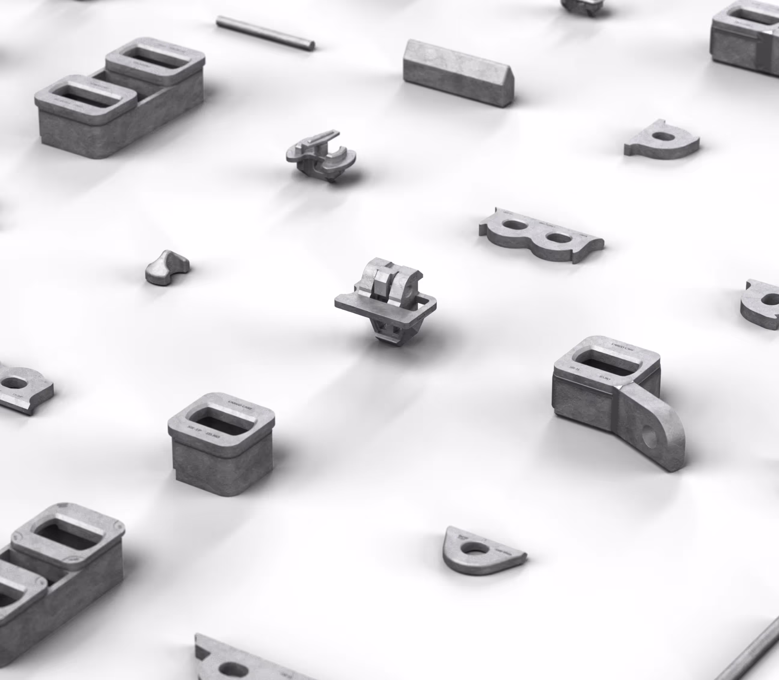 A collection of lashing parts on a white background.