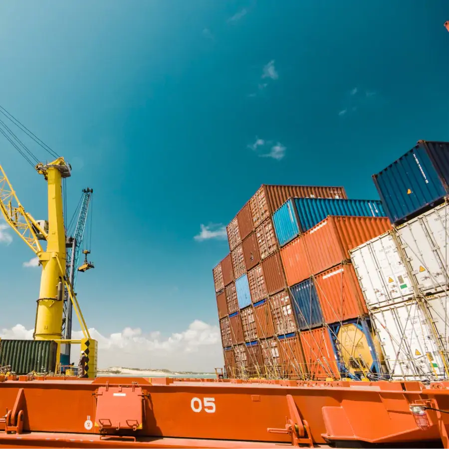 A large yellow crane is next to a large orange ship.
