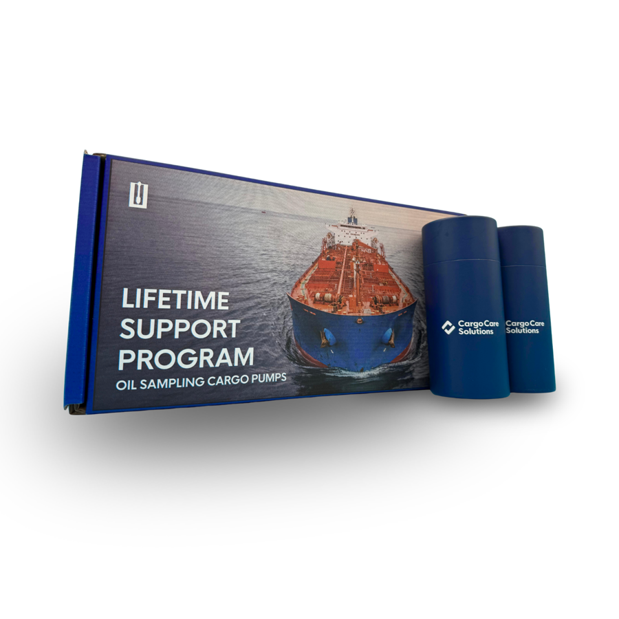 Lifetime Support Program oil sampling kit for cargo pumps: a box with two Cargo Care Solutions sample containers